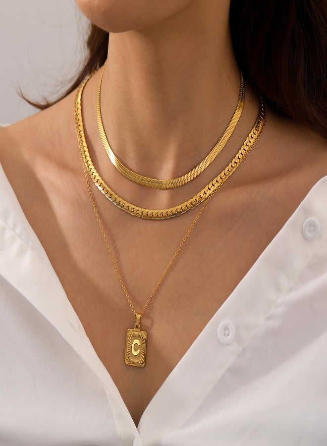 FUNEIA Layered Gold Initial Necklace for Women Trendy Dainty 18K Gold Plated Initial A-Z letter Pendant Necklace Stacked Layering Herringbone Flat Snake Chain Choker Necklaces Set Pack Jewelry Gifts - Image 2